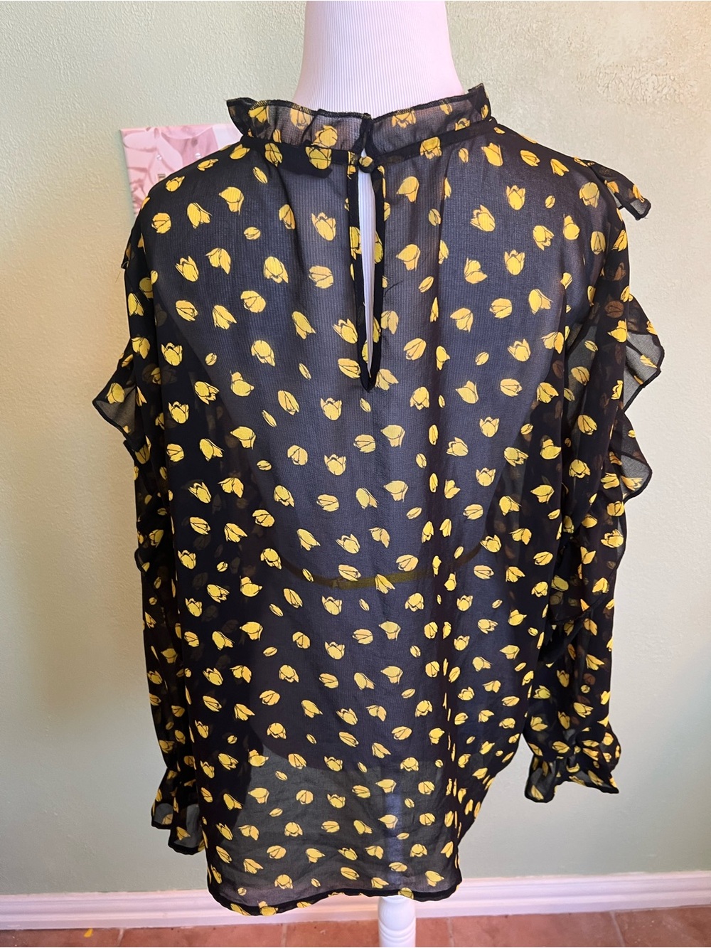 Who What Wear -Black Sheer Ruffle Blouse with Yellow Floral Motif - Picture 3 of 4